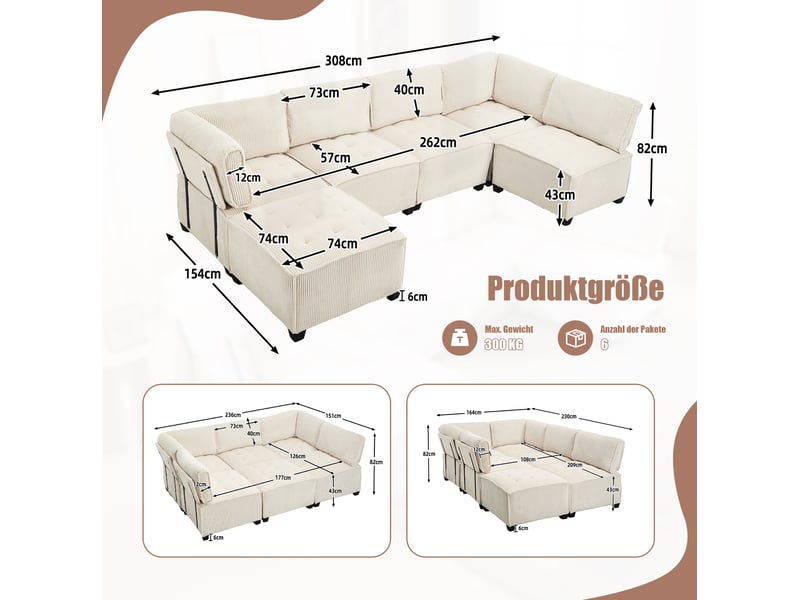  Canapé modulable convertible 6 places en velours côtelé beige - 308 x 154 x 81,99 cm  - Conforama E