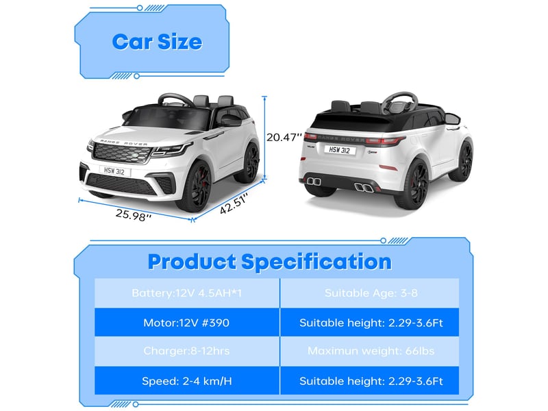  Voiture électrique pour enfant 12 v, 2 places, ceinture de sécurité, télécommande parentale, mp3, led, 3-8 ans – blanc PTO_0YRTX0AW - Conforama D