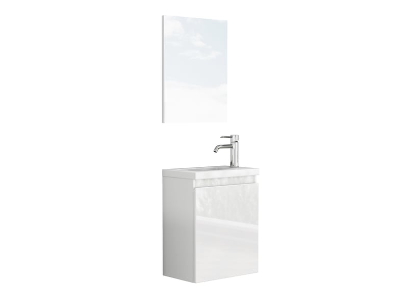  Meuble vasque suspendu 40 cm blanc brillant mdf sans poignée avec miroir et lavabo céramique evarich - Conforama A