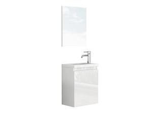 Meuble vasque suspendu 40 cm blanc brillant mdf sans poignée avec miroir et lavabo céramique