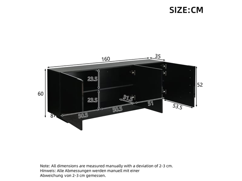 Buffet noir brillant 3 portes, meuble de rangement 160 x 35 x 60 cm avec 6 compartiments et étagères réglables - Conforama C