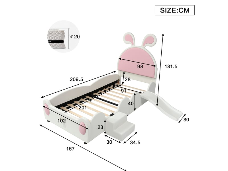  Lit enfant 90x200 cm avec toboggan, escalier et tête de lit oreilles de lapin rose  - Conforama C