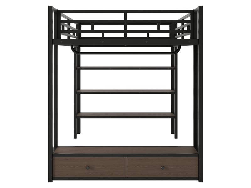 Lit mezzanine 140 × 200 cm 2 places avec armoire ouverte, étagères, panneau perforé et led, sans matelas - Conforama E