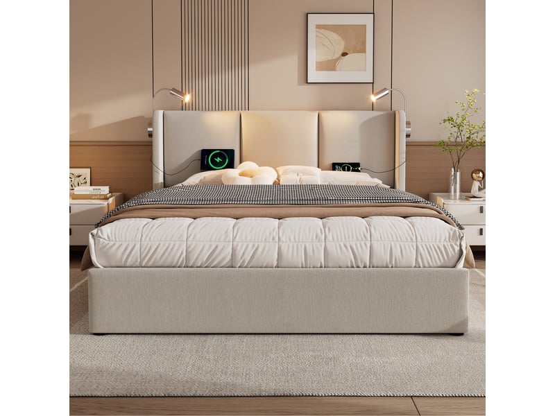  Lit coffre 180x200 cm, lit double, rangement hydraulique, led, port usb, lin beige  - Conforama D
