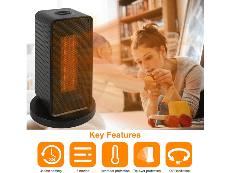 Chauffage électrique portable 1200 w ptc avec thermostat, balançoire à 90 °, 3 modes, protection de sécurité, noir - Conforama C