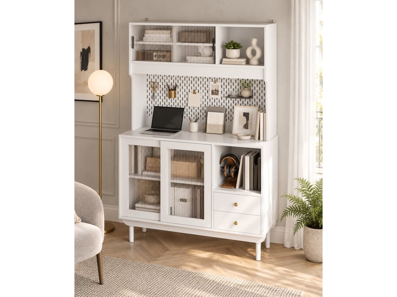  Buffet de cuisine meuble 120x50x170cm, avec portes coulissantes en verre et 2 tiroirs,rangement généreux buffet salon,blanc  - Conforama E