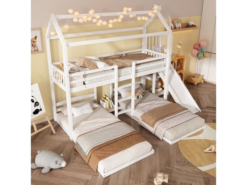  Lit superposé enfant 90x200cm blanc avec toboggan, toit, trois couchages et rangement  - Conforama C