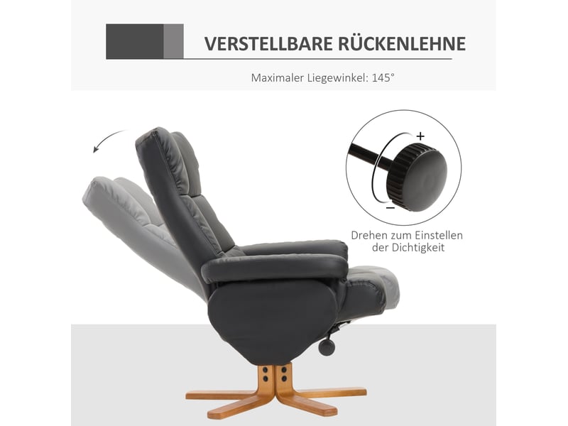  Fauteuil relax avec repose-pieds 80x86x99 cm pivotant 360° inclinable 145° bois polyuréthane (pu) noir  - Conforama E