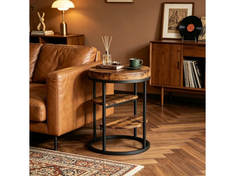  Table d'appoint ronde 50x50x65 cm – marron rustique – 3 niveaux ouverts, structure en métal et bois  - Conforama D