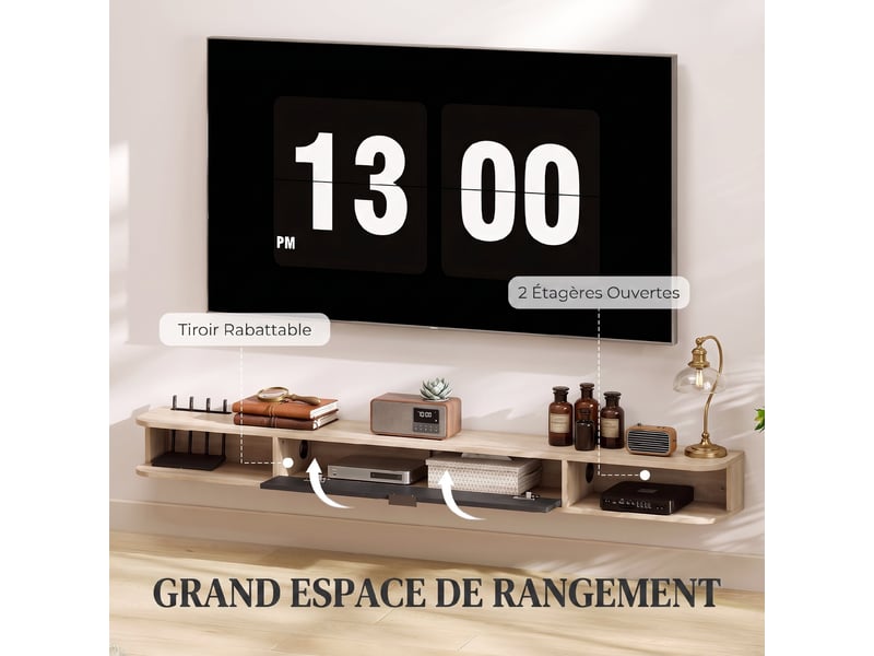  Meuble tv suspendu, meuble télé pour téléviseur jusqu'à 75 pouces, tiroir rabattable 2 étagères bois naturel 180x24x16cm  - Conforama E