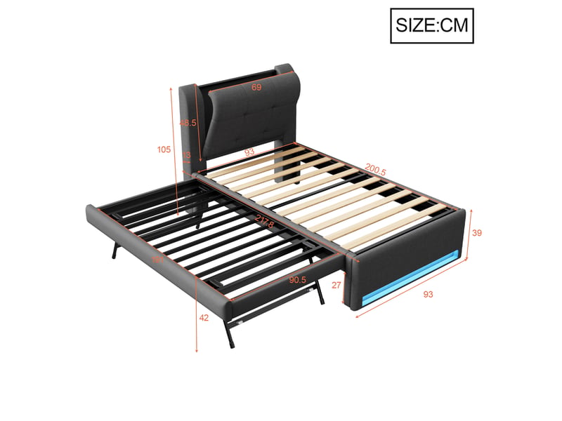  Lit enfant gigogne 90 × 200 cm, rembourré avec led, gris  - Conforama C