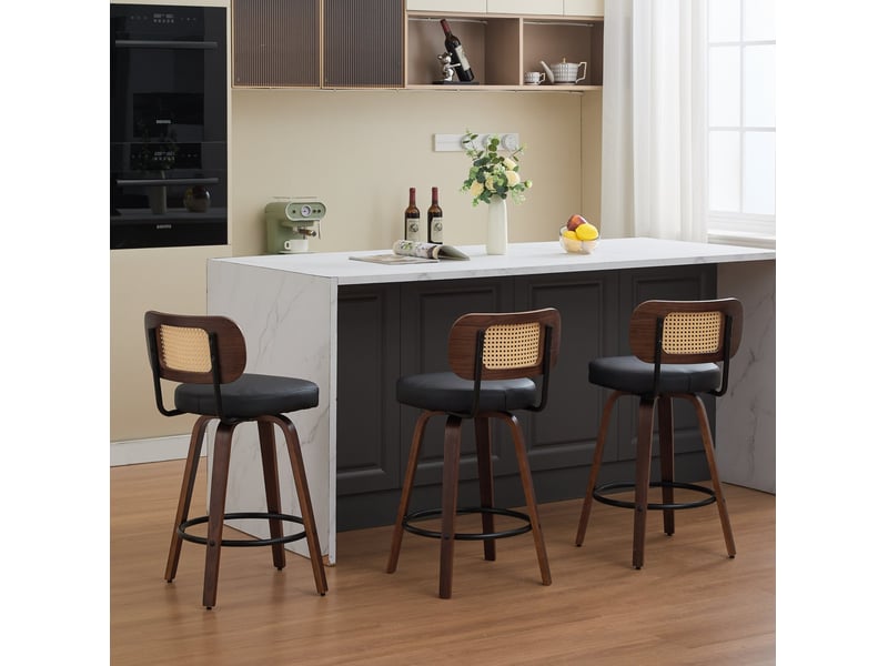  Tabouret de bar pivotant dossier cannage assise pu noir cravdom  - Conforama C