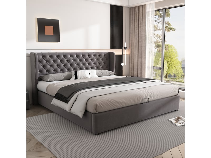  Lit coffre 180x200 - lit double capitonné avec rangement sous le lit - velours - sans matelas - gris  - Conforama B