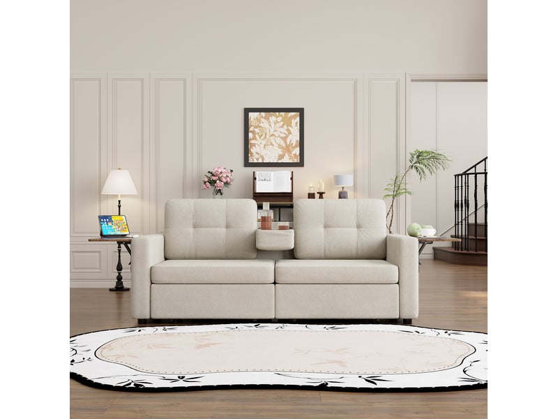  Canapé droit 2 places avec tablettes rabattables pour ordinateur, deux tiroirs et porte-gobelets en chenille beige  - Conforama D