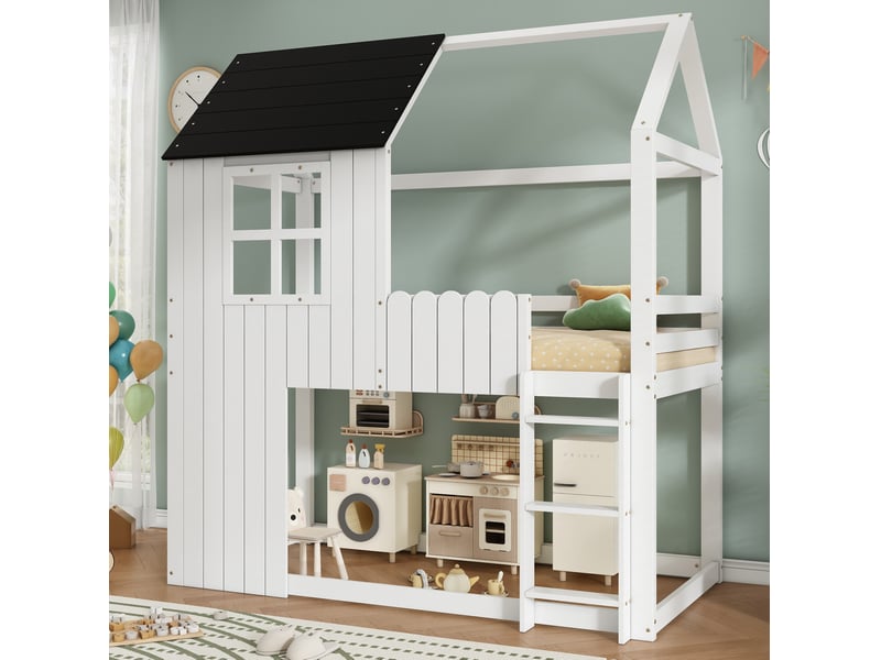  Lit enfant mezzanine rangement 90x200 bois blanc noir escalier sécurisé maison homvra  - Conforama C