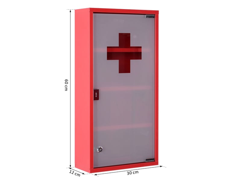  Armoire à pharmacie verrouillable à 4 compartiments, porte vitrée, acier, 60 x 30 x 12 cm, rouge  - Conforama E