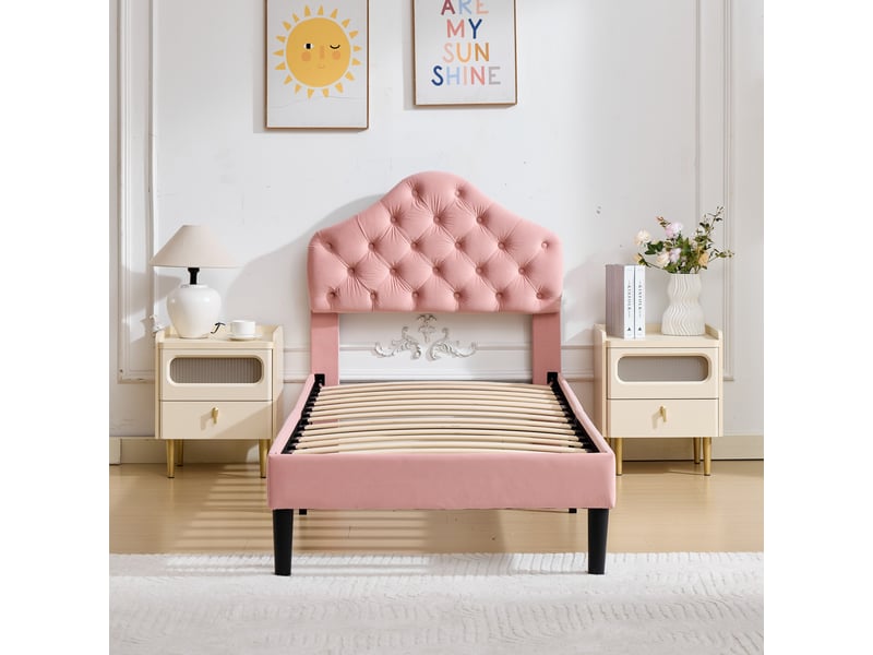  Lit 90x200cm - lit enfant 90x200 - lit simple rembourré en velours avec tête de lit capitonnée réglable - rose  - Conforama B