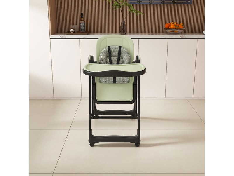  Chaise haute bébé tcqpz 2 en 1 pliable réglable 59 x 76 x 96 cm avec fonction transat harnais 5 points tablette amovible roulettes verrouillables polypropylène vert foncé  - Conforama E