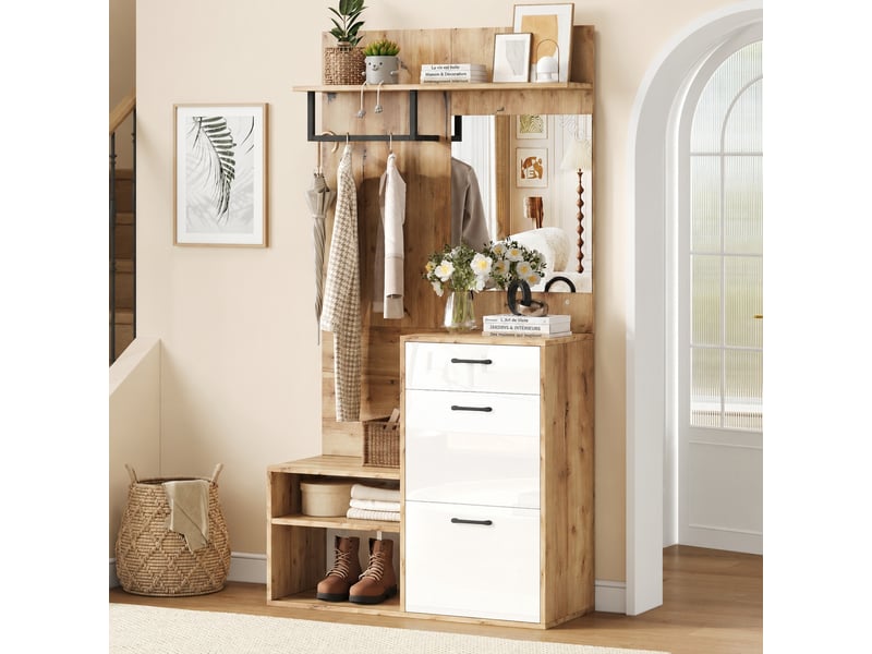  Meuble d’entrée avec miroir et banc, portes abattantes, tiroir, 100 x 38,5 x 190 cm, blanc et bois naturel  - Conforama D