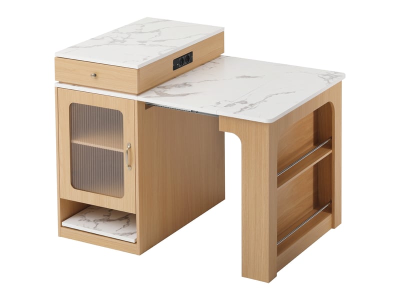  Îlot de cuisine à roulettes avec table extensible, plateau amovible, prises, bar ou buffet, naturel Fay Lum - Conforama R