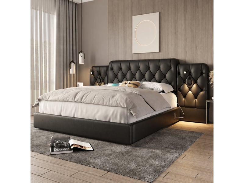  Lit coffre 160 x 200 cm noir en similicuir pu, relevage hydraulique, tête capitonnée, liseuses et ports usb  - Conforama B