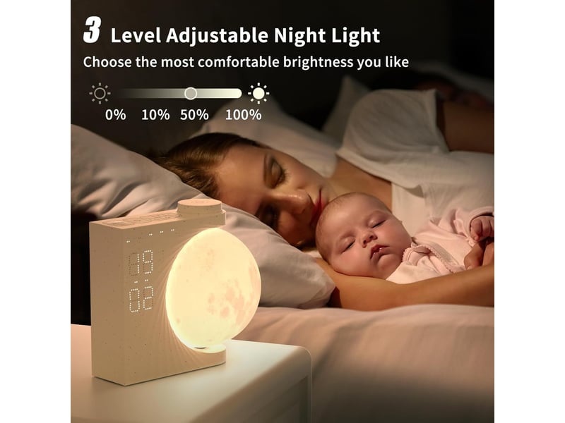 Lampe de lune avec réveil lumineux, 2 réveils, lumière lunaire rgb 8 couleurs, 10 sons naturels, veilleuse 3 niveaux de luminosité lampe de chevet - Conforama D