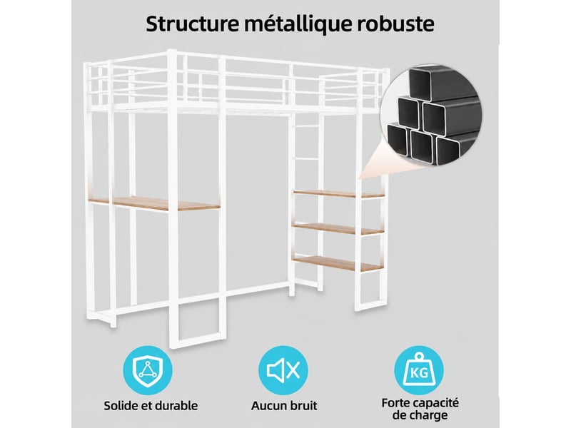  Lit mezzanine avec bureau 90x190 cm en fer blanc - étagères, deux échelles et garde-corps  - Conforama R