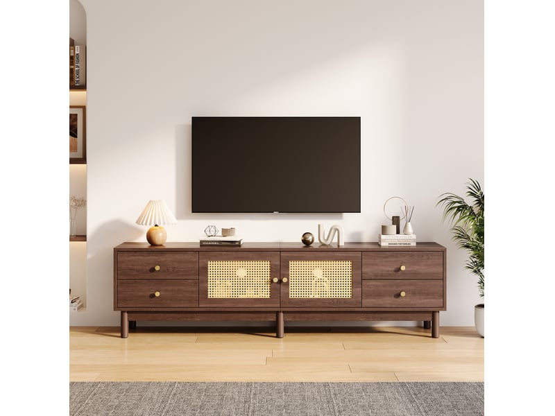  Meuble tv 180x35x44 cm marron en panneaux de particules, 4 tiroirs, portes en rotin et gestion des câbles  - Conforama B