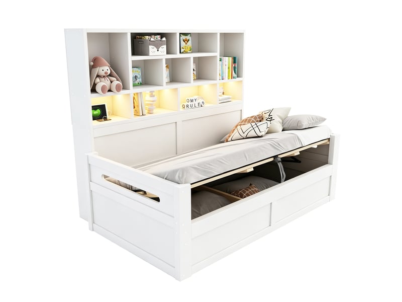  Lit coffre 90x200 cm - lit 1 personne avec rangement - tête de lit avec étagères - led et prises - blanc  - Conforama A