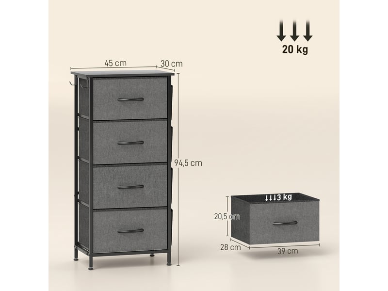  Commode 4 tiroirs en tissu, meuble de rangement avec 4 poches, 2 crochets, structure en acier, gris, 45 x 30 x 94,5 cm  - Conforama C