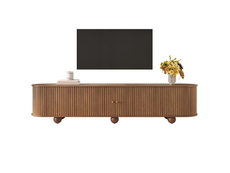  Meuble tv noyer 180x35x45 cm avec 2 portes coulissantes rainurées et passe-câbles  - Conforama A