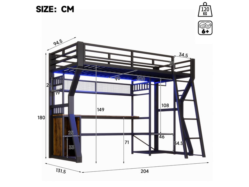  Lit mezzanine 90x200 cm avec éclairage et bureau en métal et mdf noir  - Conforama E