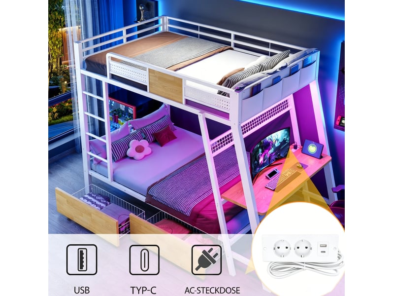  Lit superposé 90x200 cm, espace de rangement, avec bureau intégré, led et rangements, mdf et métal, blanc, sans matelas  - Conforama E