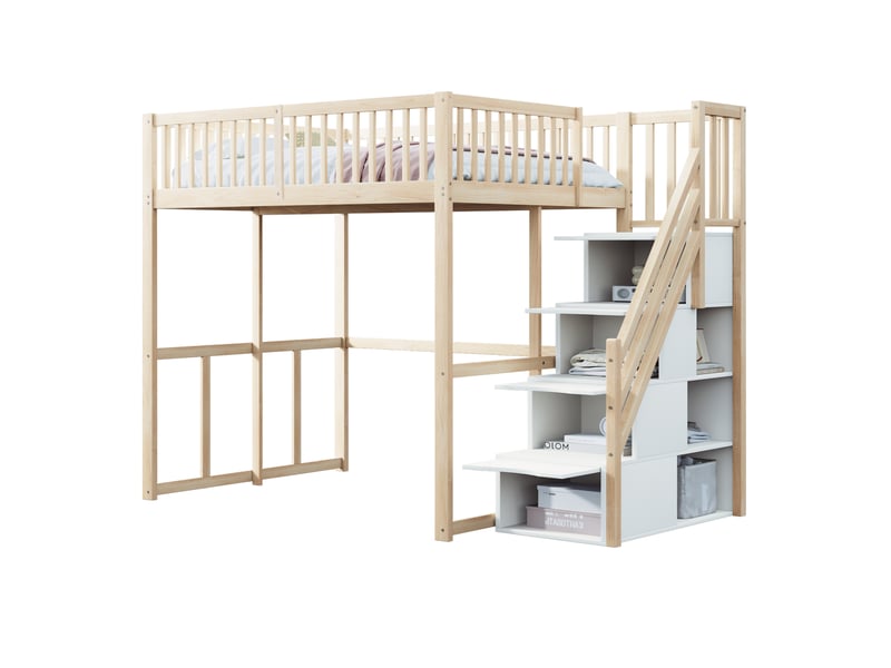  Lit mezzanine 140x200 cm avec escalier de rangement, garde-corps, structure en bois, couleur bois naturel, sans matelas  - Conforama A