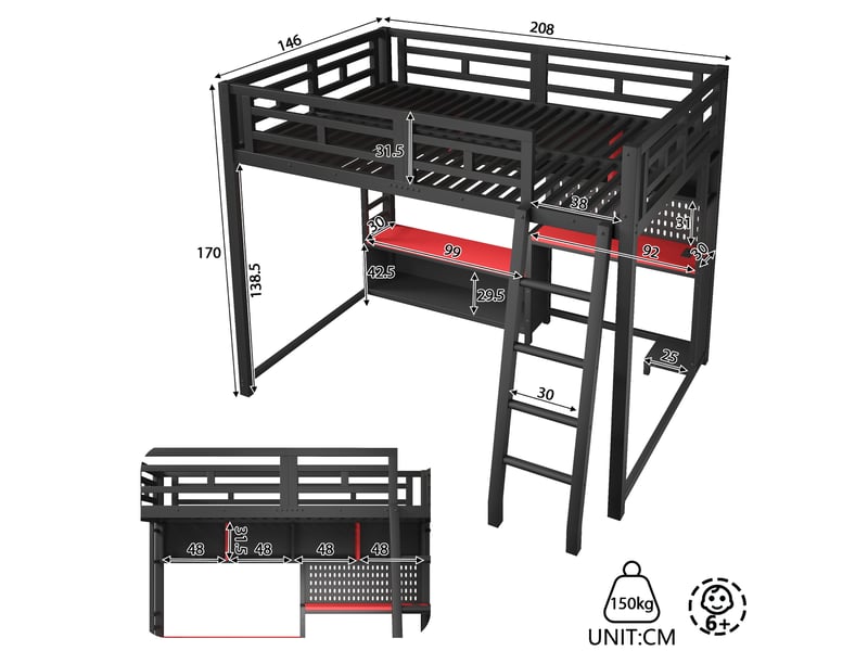  Lit mezzanine 140x200 cm, en mdf et métal noir, équipé de led, de bureau et de rangements, sans matelas  - Conforama C