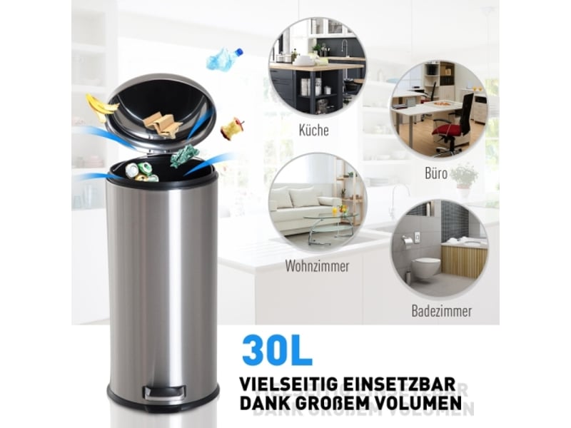 Poubelle à pédale 30 l en inox, bac intérieur, couvercle rabattable, argentée, cuisine et salle de bain - Conforama B