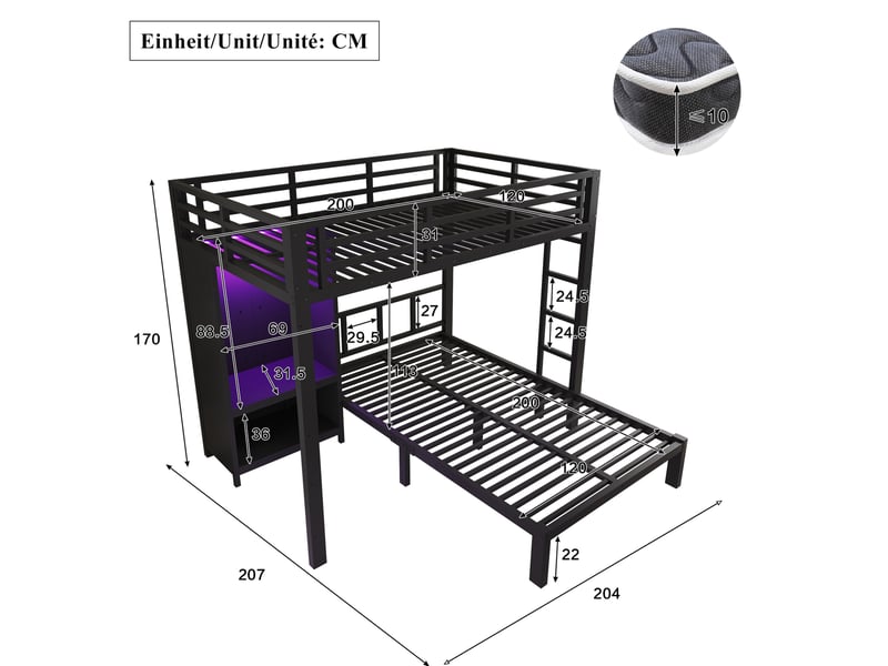  Lit superposé 120x200 cm avec penderie et éclairage led en métal noir  - Conforama E