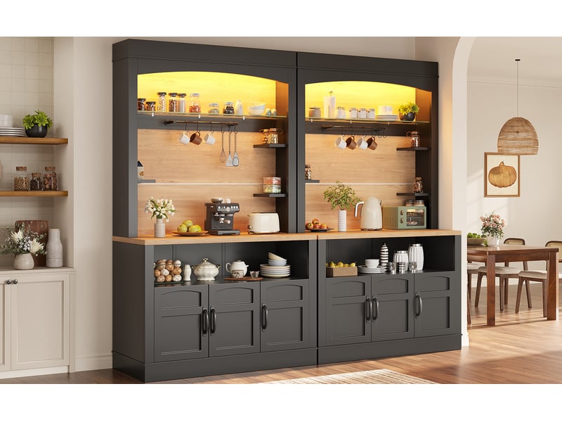  Lot de 2 buffets de cuisine avec led connectée, meubles de rangement avec plan de travail, noir, 203 x 40 x 174 cm Fay Lum - Conforama D