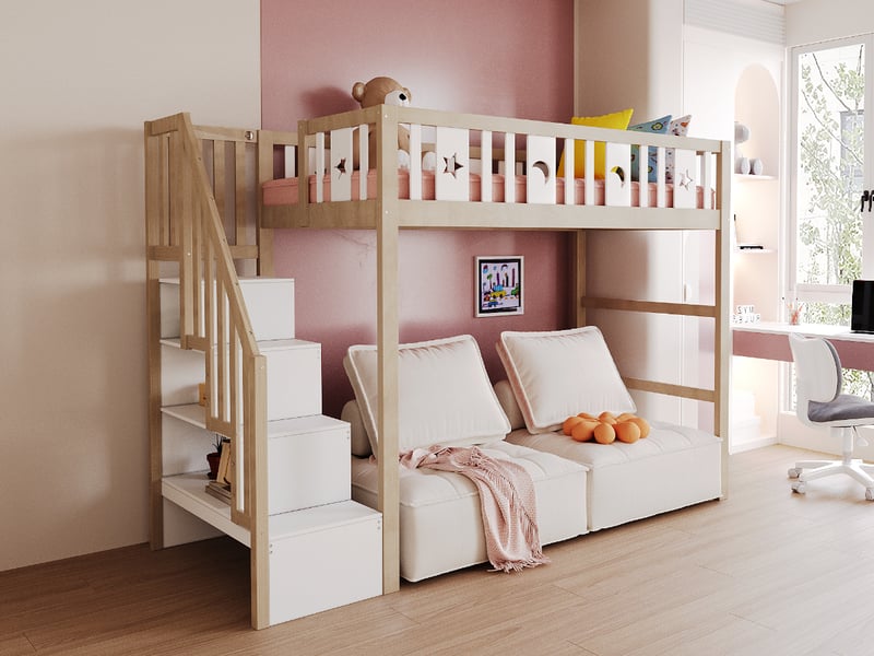  Lit mezzanine 90x200 en bois massif avec échelle, rangements et barrière de sécurité  - Conforama W