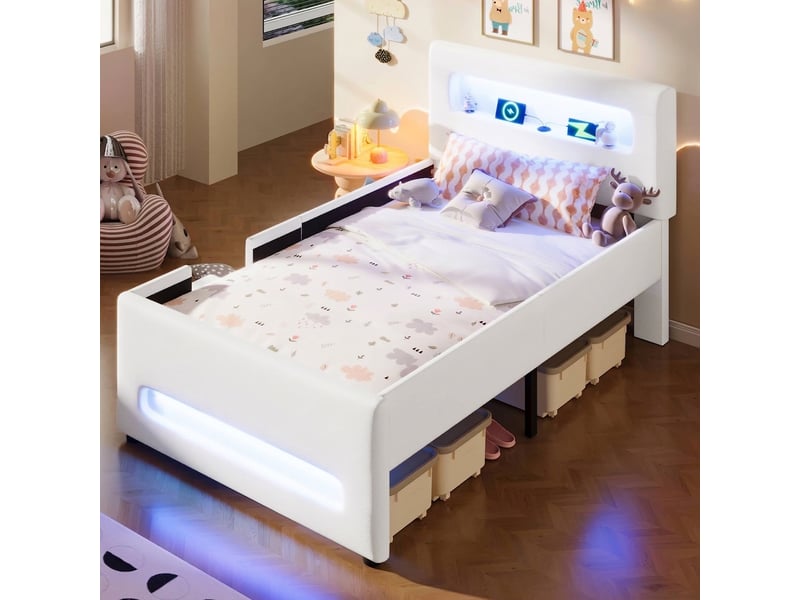  Lit capitonné 90x200 avec escalier et tiroirs, led et port usb, blanc  - Conforama C