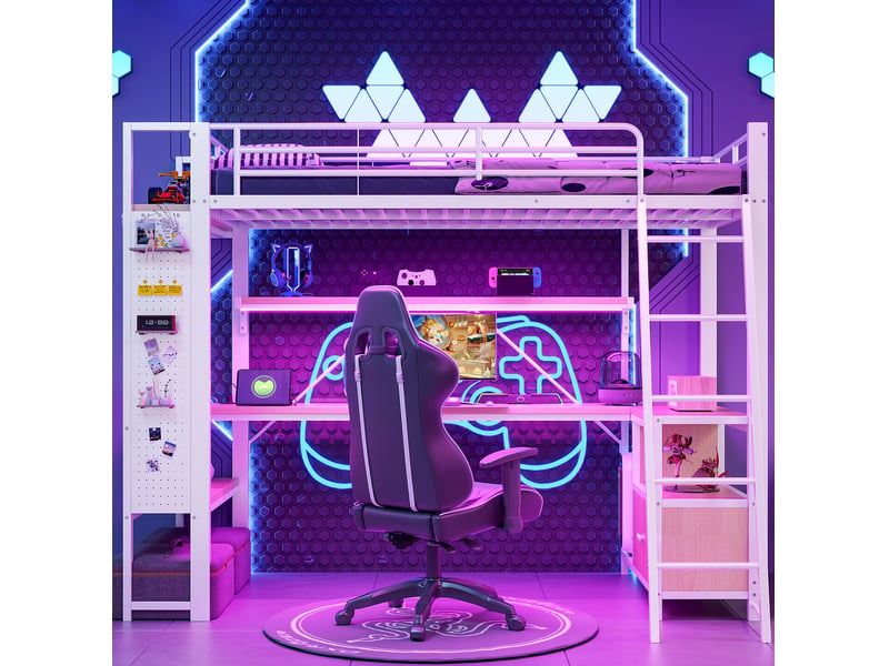  Lit mezzanine 90x200 cm avec bureau, led, rangements et usb blanc  - Conforama D