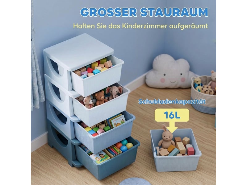  Boîtes de rangement pour enfants, 4 tiroirs, bords arrondis, motif en relief, plastique, bleues  - Conforama E