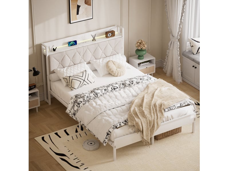  Lit double 140 x 190 cm blanc avec tête de lit rembourrée led et station de charge  - Conforama B
