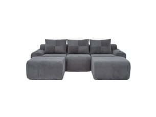 Canapé modulable velours côtelé 3 places gris foncé avec poufs, porte-gobelet et rangement