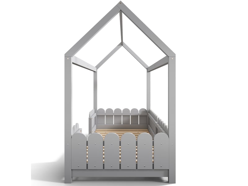  Lit cabane enfant 90x200 cm gris avec barrière de sécurité et sommier à lattes  - Conforama E