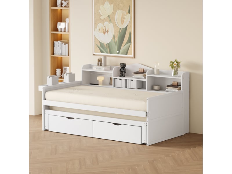  Lit gigogne 90x200+90x190cm, sommiers, recharge, espace de rangement, lit de repos, 2 tiroirs, en bois+mdf, blanc, sans matelas  - Conforama D