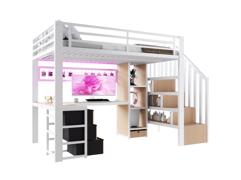 Lit mezzanine 90x200 cm, avec bureau et rangements, avec led, en métal, blanc, sans matelas - Conforama A