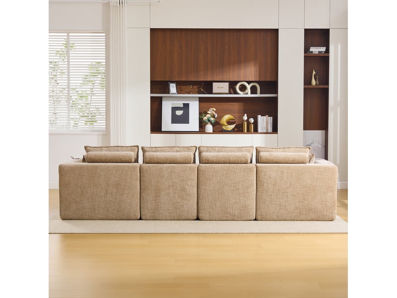  Canapé modulable modenvie 4 places avec 2 poufs, coussins, porte-gobelets et poches latérales, chenille kaki, 322 x 161 x 75 cm  - Conforama E