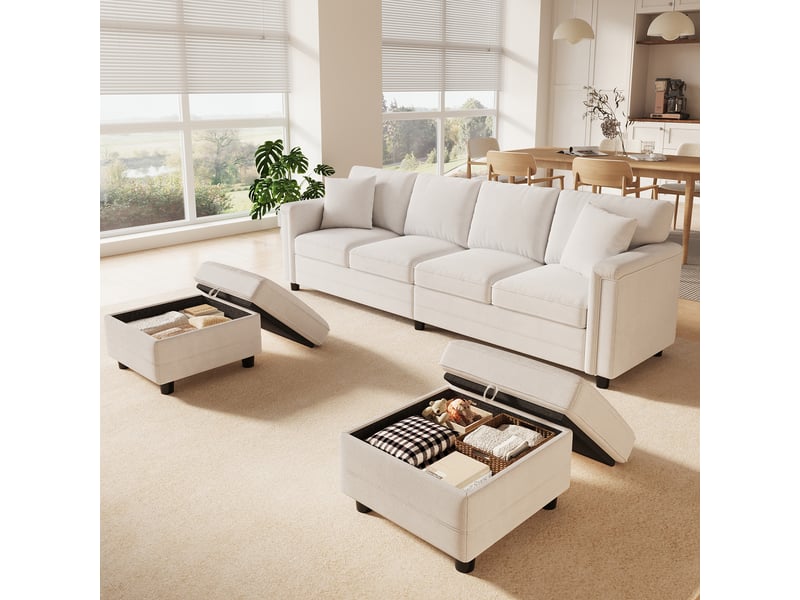  Canapé modulable 4 places en l ou u avec 2 poufs coffre, ports usb et usb-c, tissu chenille beige, 2 coussins déco, 261 x 134 x 82 cm  - Conforama B