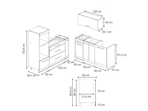 Vicco cuisine, bleu foncé brillantblanc, 340cm, pt chêne